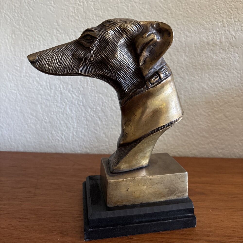 Vintage Brass Greyhound Bust Sculpture Wood Base Whippet Dog Bookend 8”